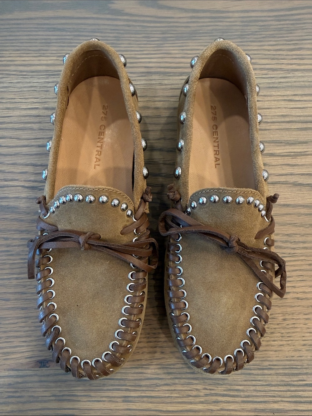 275 Central Women's Tan Suede Studded Moccasin Loafers